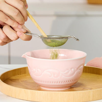 7-Pcs Pink Matcha Whisk Set, Japanese Ceremony Matcha Kit Includes Bowl With Spout, 100% Natural Bamboo Whisk and Holder, Scoop, Scoop Rest, Strainer and Tea Towel - Ideal Gift Christmas, Birthday