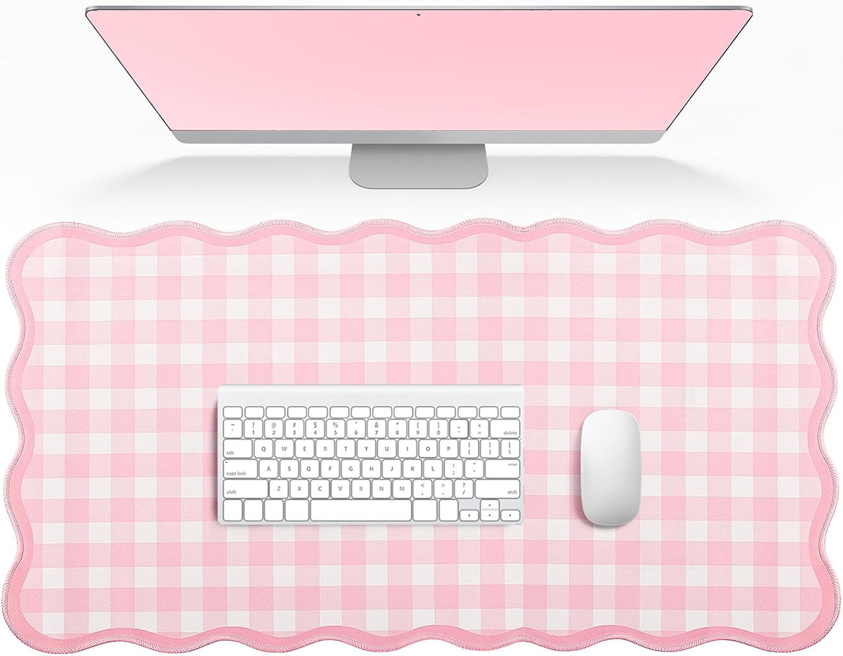 Scalloped Gingham Pink Desk Mat,Large Cute Desk Pad for Keyboard Mouse,Girly Mouse Pad for Desktop Office