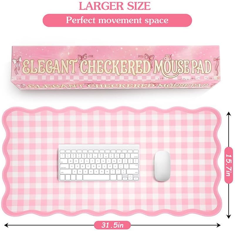 Scalloped Gingham Pink Desk Mat,Large Cute Desk Pad for Keyboard Mouse,Girly Mouse Pad for Desktop Office