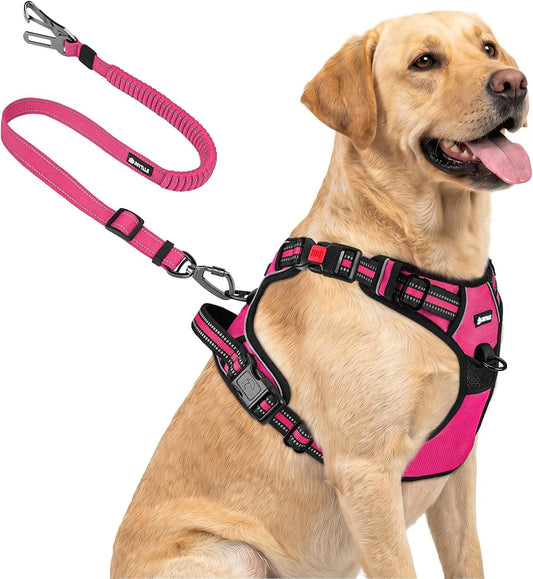 Joytale No Pull Dog Harness and Car Seat Belt Set, Padded 3-Buckle Easy On for Large Dogs, Reflective Vest with Front Clip & Control Handle for Stress-Free Walks & Safe Travel, Hot Pink, L