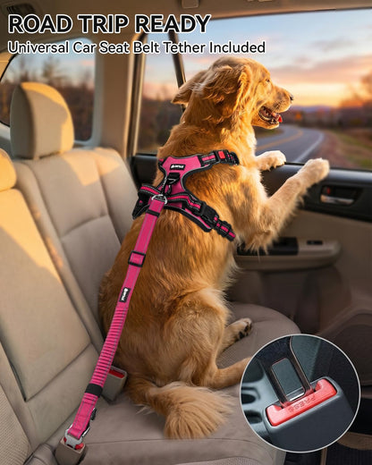 Joytale No Pull Dog Harness and Car Seat Belt Set, Padded 3-Buckle Easy On for Large Dogs, Reflective Vest with Front Clip & Control Handle for Stress-Free Walks & Safe Travel, Hot Pink, L