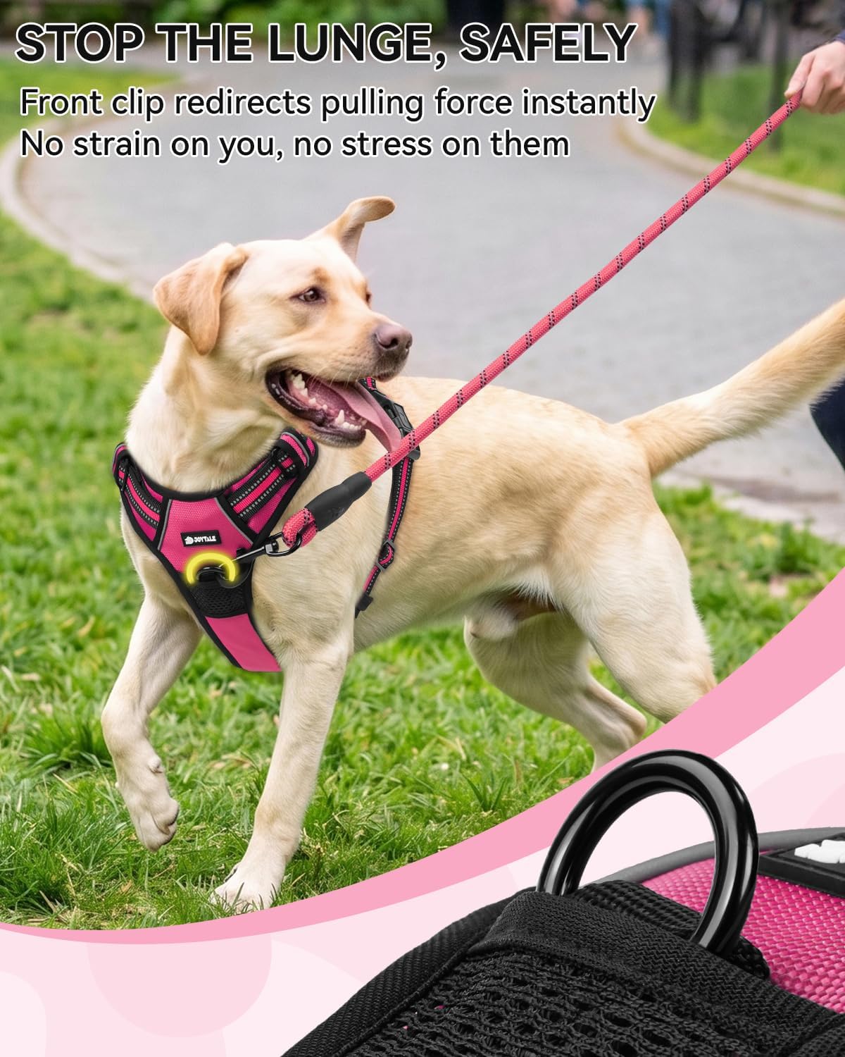 Joytale No Pull Dog Harness and Car Seat Belt Set, Padded 3-Buckle Easy On for Large Dogs, Reflective Vest with Front Clip & Control Handle for Stress-Free Walks & Safe Travel, Hot Pink, L