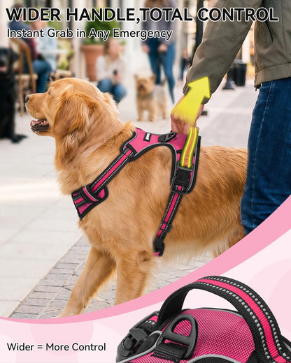 Joytale No Pull Dog Harness and Car Seat Belt Set, Padded 3-Buckle Easy On for Large Dogs, Reflective Vest with Front Clip & Control Handle for Stress-Free Walks & Safe Travel, Hot Pink, L