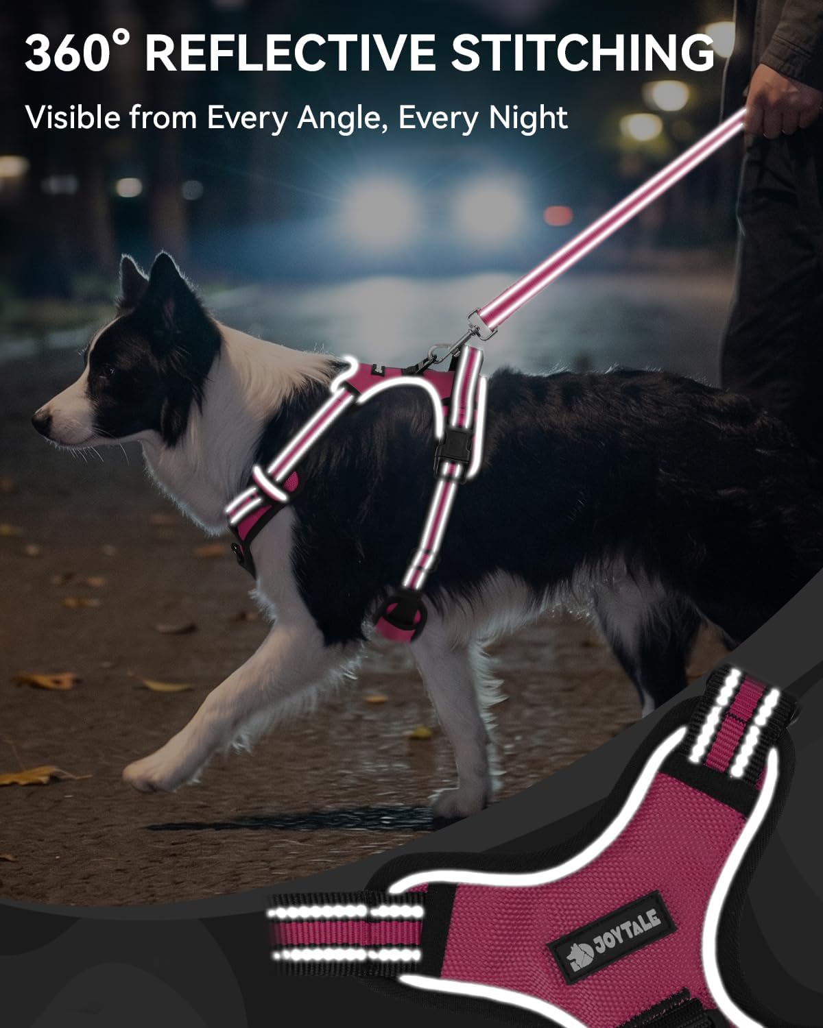 Joytale No Pull Dog Harness and Car Seat Belt Set, Padded 3-Buckle Easy On for Large Dogs, Reflective Vest with Front Clip & Control Handle for Stress-Free Walks & Safe Travel, Hot Pink, L