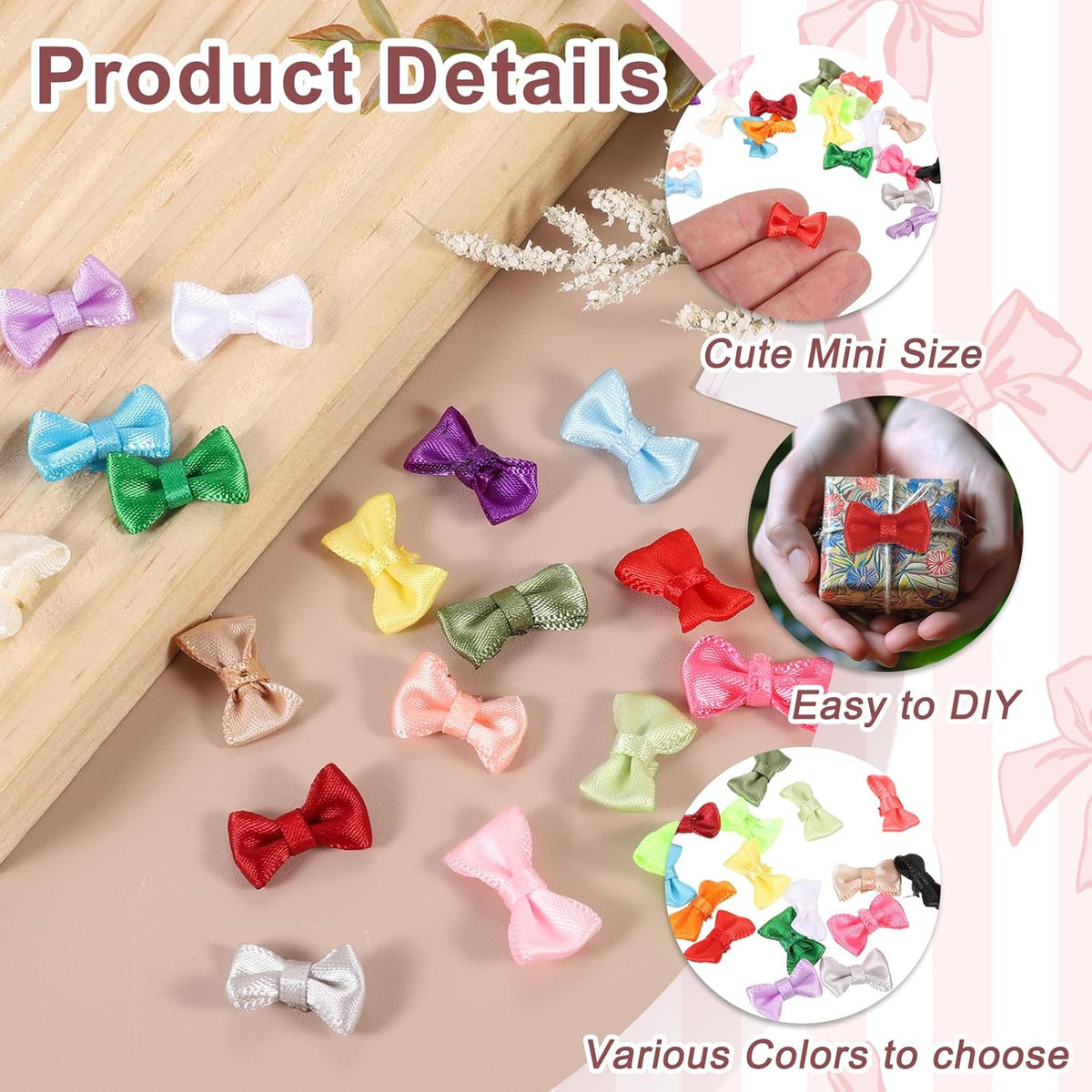 100 Pcs Mini Ribbon Bow 0.8" Mini Fabric Satin Ribbon Flower Bows for Craft DIY Sewing Wedding Birthday Party, Peach Red