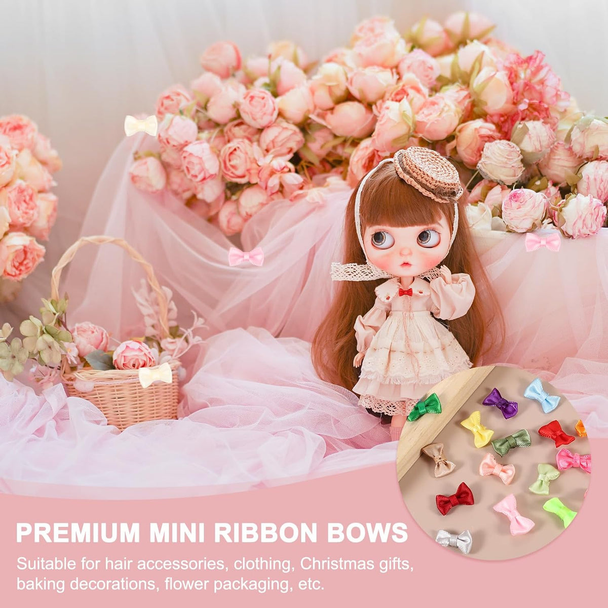 100 Pcs Mini Ribbon Bow 0.8" Mini Fabric Satin Ribbon Flower Bows for Craft DIY Sewing Wedding Birthday Party, Peach Red