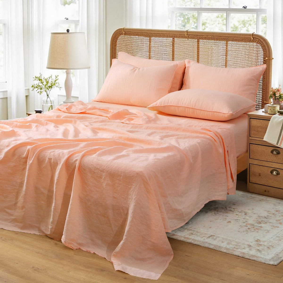 100% Organic Linen Sheets Set Queen Size,Washed French Flax Bed Sheets 4 Pieces(2 Pillowcases,1 Fitted Sheet,1 Flat Sheet) Peach Pink,Natural Linen Bedding