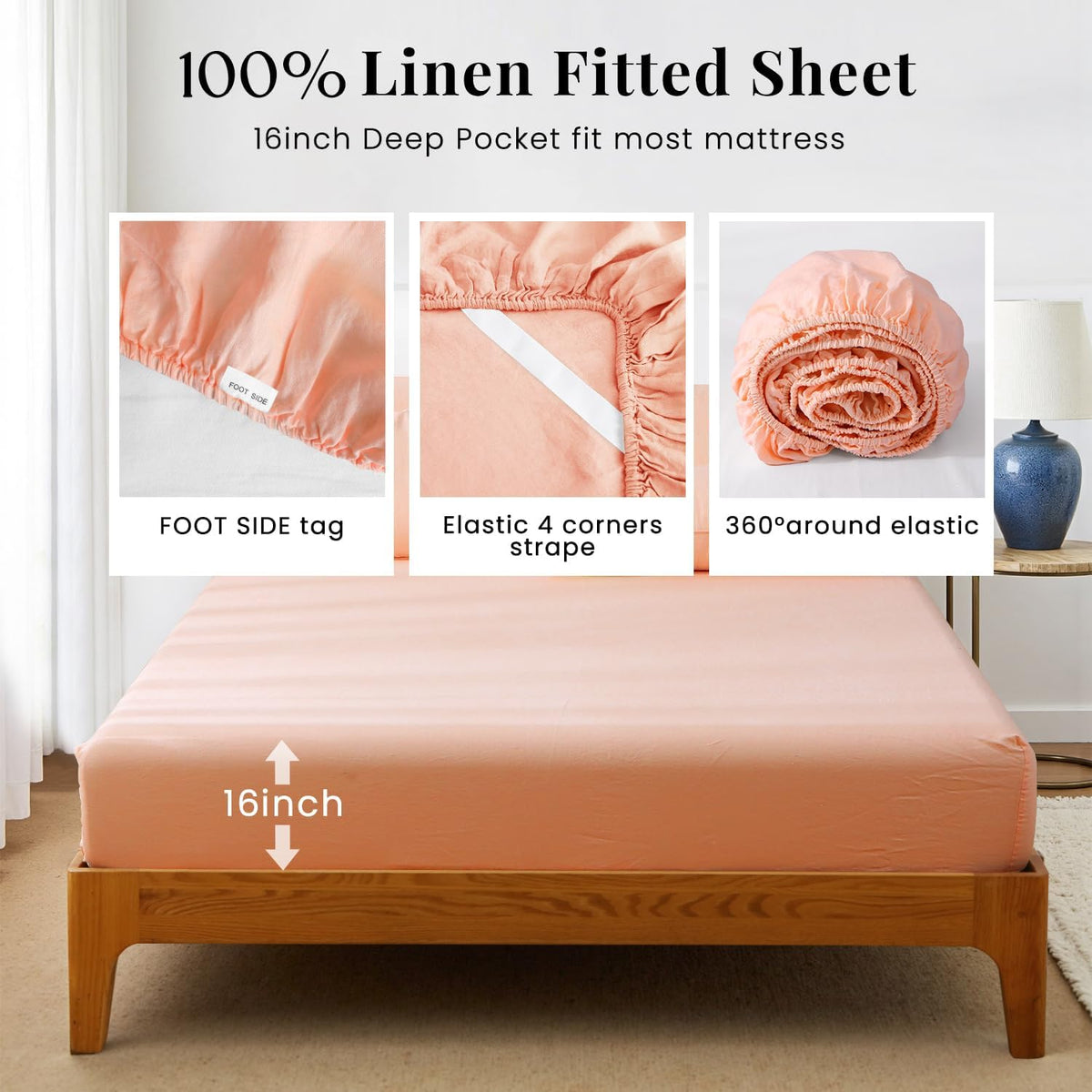 100% Organic Linen Sheets Set Queen Size,Washed French Flax Bed Sheets 4 Pieces(2 Pillowcases,1 Fitted Sheet,1 Flat Sheet) Peach Pink,Natural Linen Bedding
