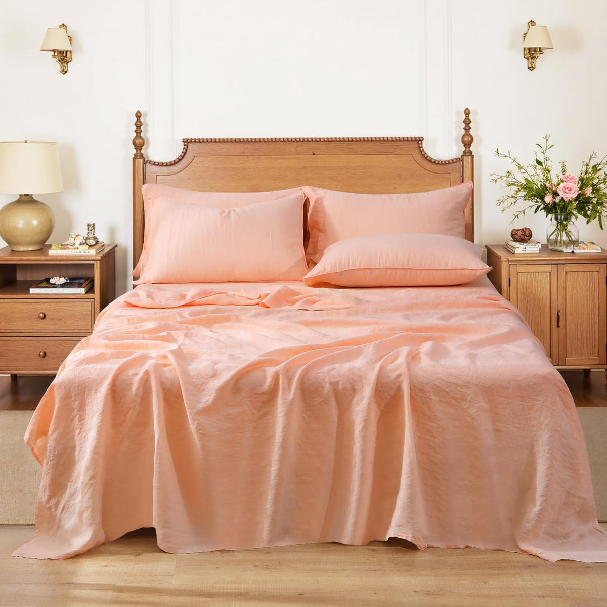 100% Organic Linen Sheets Set Queen Size,Washed French Flax Bed Sheets 4 Pieces(2 Pillowcases,1 Fitted Sheet,1 Flat Sheet) Peach Pink,Natural Linen Bedding