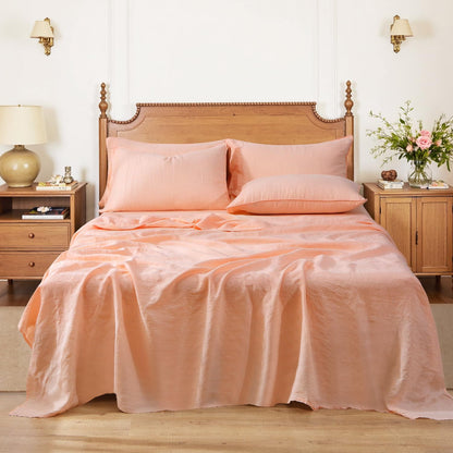 100% Organic Linen Sheets Set Queen Size,Washed French Flax Bed Sheets 4 Pieces(2 Pillowcases,1 Fitted Sheet,1 Flat Sheet) Peach Pink,Natural Linen Bedding