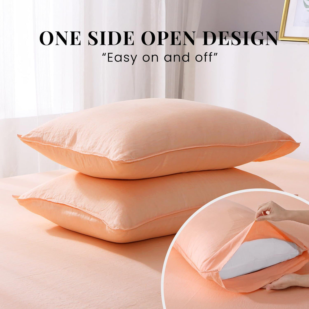 100% Organic Linen Sheets Set Queen Size,Washed French Flax Bed Sheets 4 Pieces(2 Pillowcases,1 Fitted Sheet,1 Flat Sheet) Peach Pink,Natural Linen Bedding