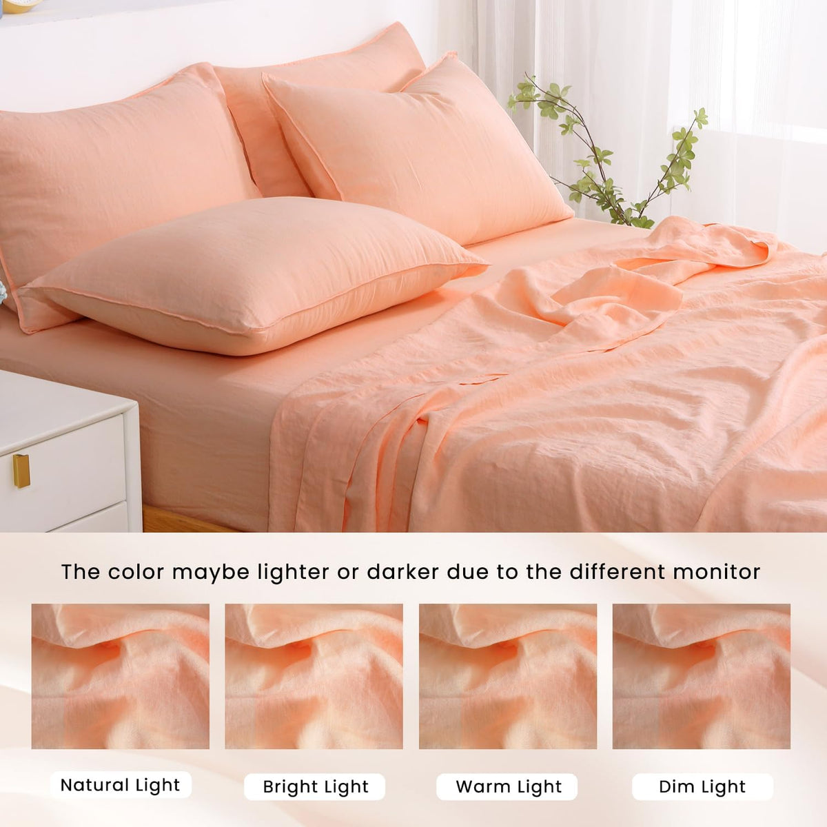 100% Organic Linen Sheets Set Queen Size,Washed French Flax Bed Sheets 4 Pieces(2 Pillowcases,1 Fitted Sheet,1 Flat Sheet) Peach Pink,Natural Linen Bedding
