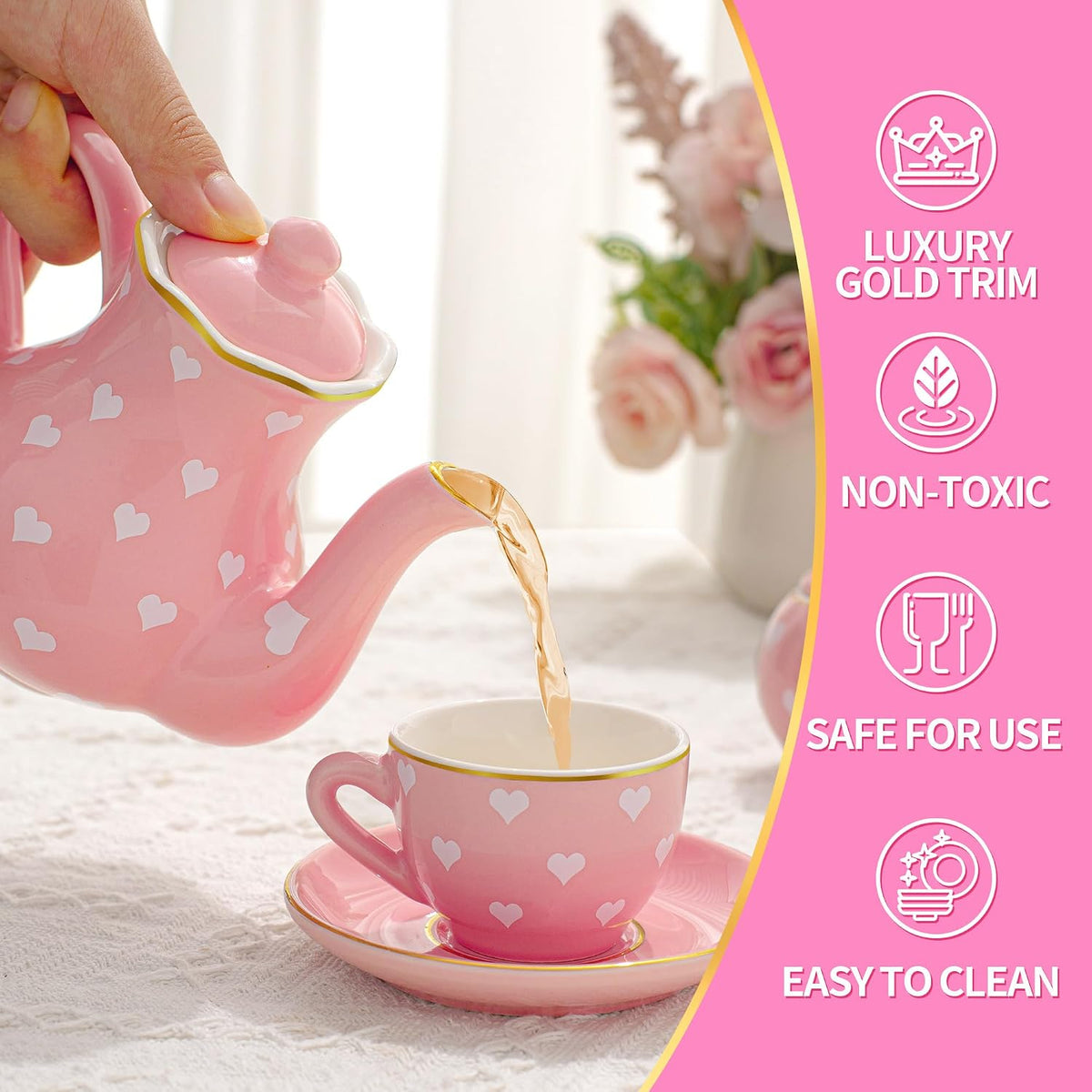 TUZT Tea Party Set for Little Girls Ages 3-8, Pink Heart Porcelain Tea Set with Gold Trim Edges, Princess Tea Time Toy Includes Pot & Cups & Saucers & Suitcase, Birthday Gifts for Toddlers Girls