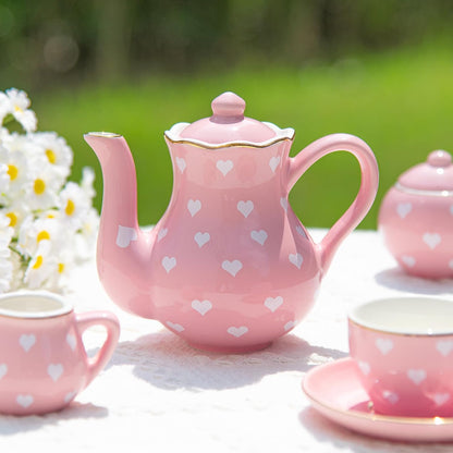 TUZT Tea Party Set for Little Girls Ages 3-8, Pink Heart Porcelain Tea Set with Gold Trim Edges, Princess Tea Time Toy Includes Pot & Cups & Saucers & Suitcase, Birthday Gifts for Toddlers Girls