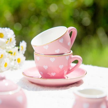 TUZT Tea Party Set for Little Girls Ages 3-8, Pink Heart Porcelain Tea Set with Gold Trim Edges, Princess Tea Time Toy Includes Pot & Cups & Saucers & Suitcase, Birthday Gifts for Toddlers Girls