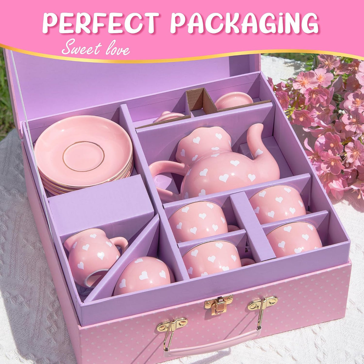 TUZT Tea Party Set for Little Girls Ages 3-8, Pink Heart Porcelain Tea Set with Gold Trim Edges, Princess Tea Time Toy Includes Pot & Cups & Saucers & Suitcase, Birthday Gifts for Toddlers Girls