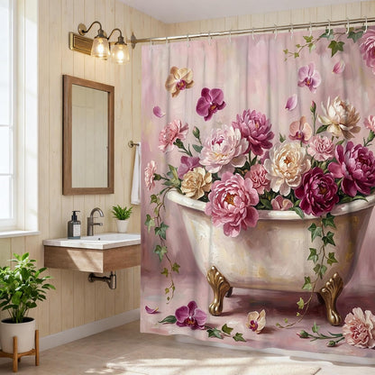 Peony Shower Curtain, Floral Romantic Orchid Ivy Spring Peach Waterproof Fabric Toile Cloth Shower Curtains for Home Bathroom Toile Hotel Decor 72x78 Inch