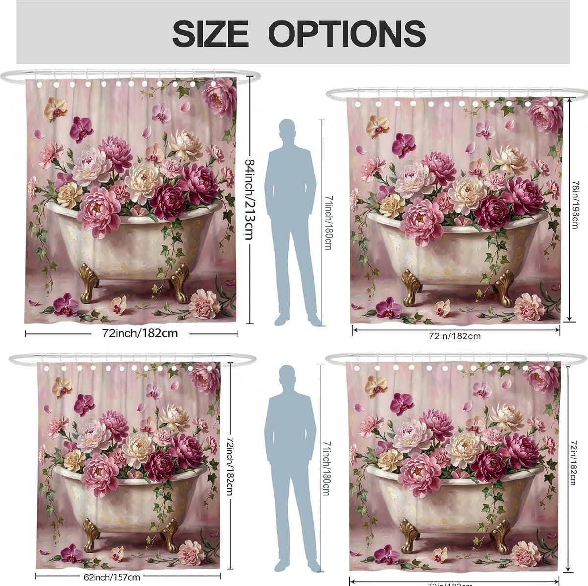 Peony Shower Curtain, Floral Romantic Orchid Ivy Spring Peach Waterproof Fabric Toile Cloth Shower Curtains for Home Bathroom Toile Hotel Decor 72x78 Inch