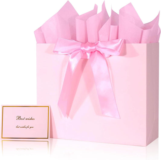 Elegant Pink Gift Bag 11.8"x4.5"x9.8" with Ribbons Handles, Includes Card and Tissue for Weddings, Birthdays, Baby Shower Parties, Holidays