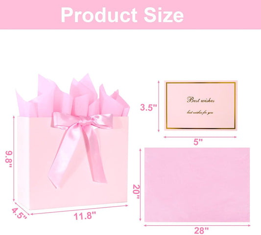 Elegant Pink Gift Bag 11.8"x4.5"x9.8" with Ribbons Handles, Includes Card and Tissue for Weddings, Birthdays, Baby Shower Parties, Holidays