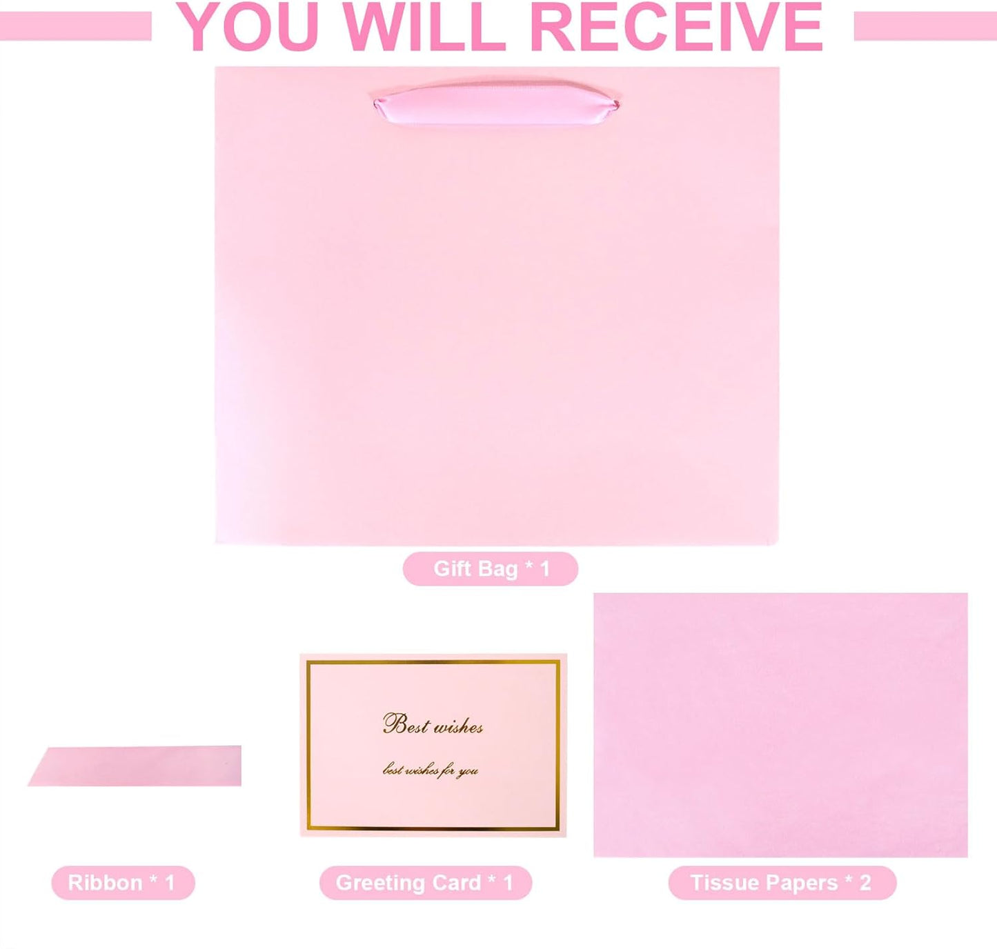 Elegant Pink Gift Bag 11.8"x4.5"x9.8" with Ribbons Handles, Includes Card and Tissue for Weddings, Birthdays, Baby Shower Parties, Holidays