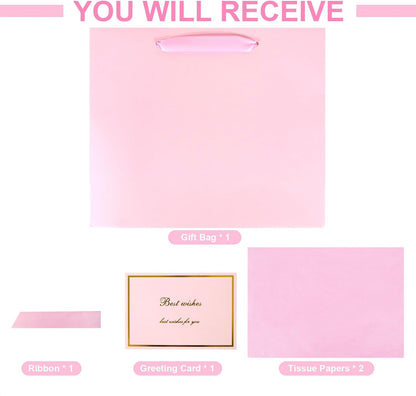Elegant Pink Gift Bag 11.8"x4.5"x9.8" with Ribbons Handles, Includes Card and Tissue for Weddings, Birthdays, Baby Shower Parties, Holidays