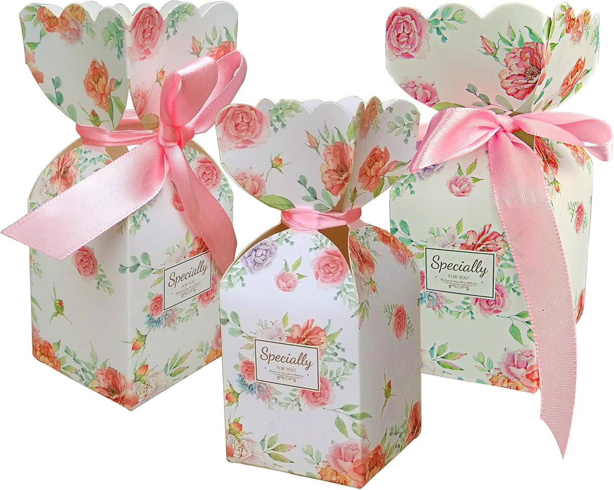 50 Pcs Floral Pattern Candy Boxes Wedding Birthday Party Favor Gift Box with 50pcs Light Pink Ribbon