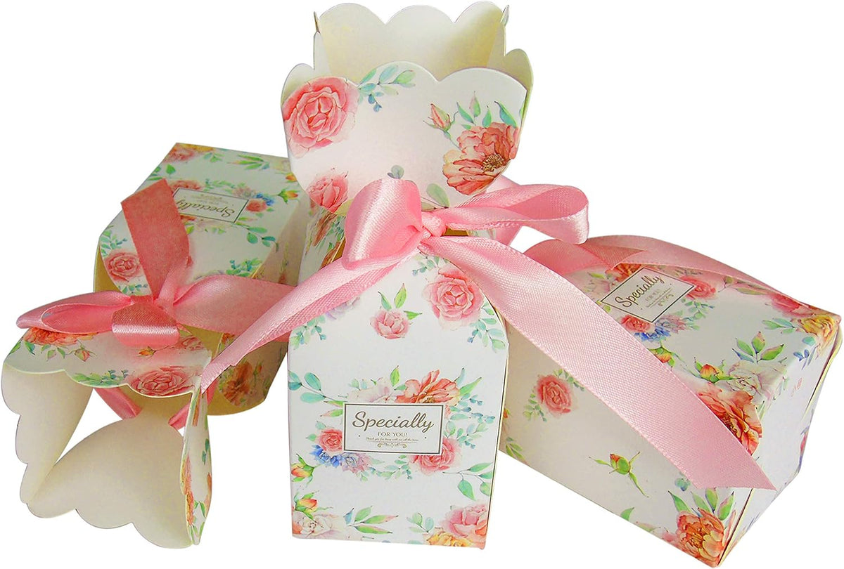 50 Pcs Floral Pattern Candy Boxes Wedding Birthday Party Favor Gift Box with 50pcs Light Pink Ribbon