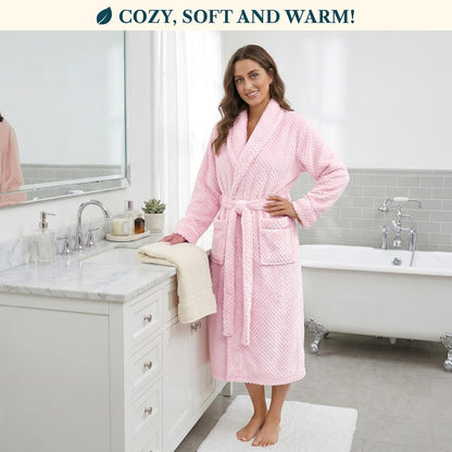 Womens Plush Robe, Soft Fleece Long Spa Bathrobe with Pockets