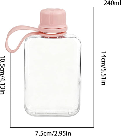 8.2 oz/240 ml Flat Travel Water Bottle, BPA Free Tritan Reusable Plastic Water Bottles Square Plastic Flask Pocket for Camping, Fitness, Outdoor Sports, Fits Purse and Pocket（Pink）