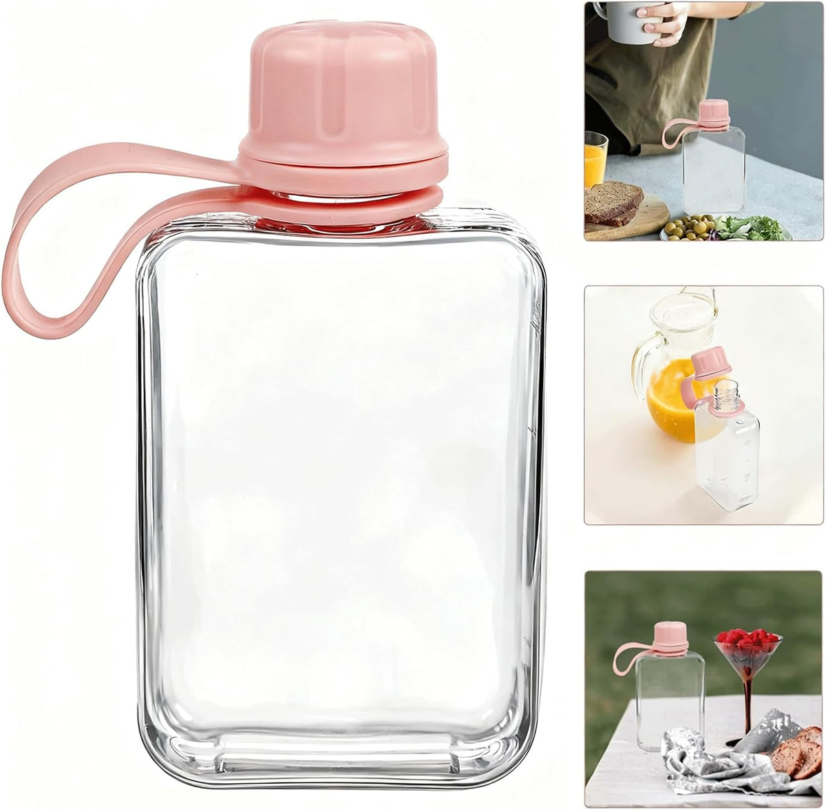 8.2 oz/240 ml Flat Travel Water Bottle, BPA Free Tritan Reusable Plastic Water Bottles Square Plastic Flask Pocket for Camping, Fitness, Outdoor Sports, Fits Purse and Pocket（Pink）