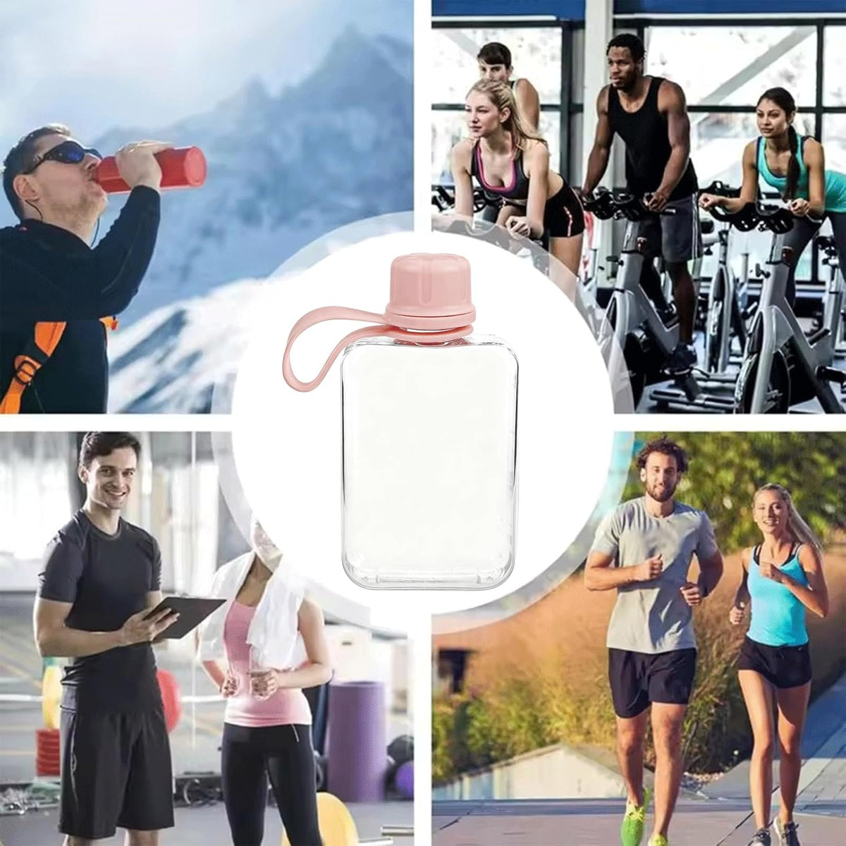 8.2 oz/240 ml Flat Travel Water Bottle, BPA Free Tritan Reusable Plastic Water Bottles Square Plastic Flask Pocket for Camping, Fitness, Outdoor Sports, Fits Purse and Pocket（Pink）