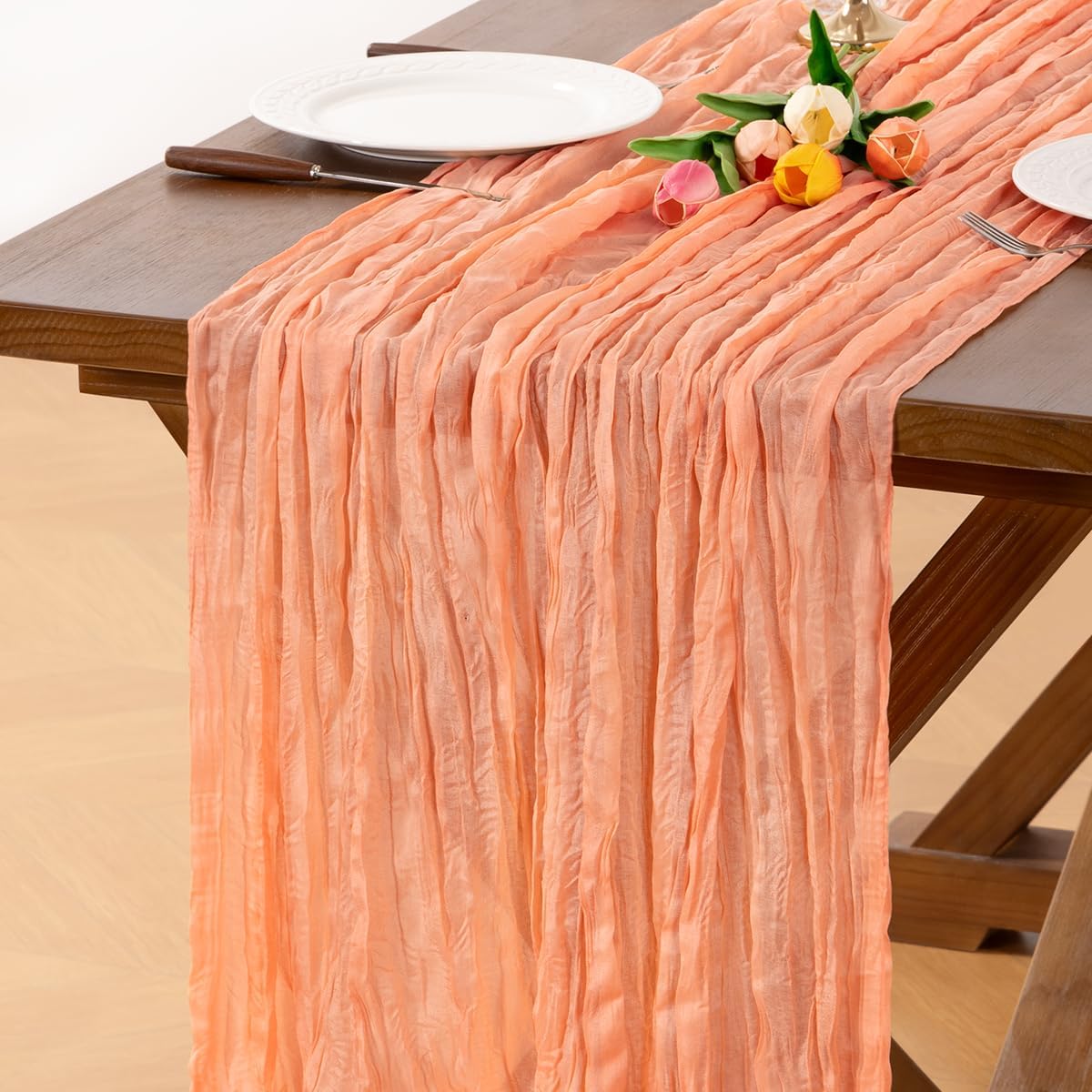Peach Cheesecloth Table Runner Fall Boho Wrinkled Runner