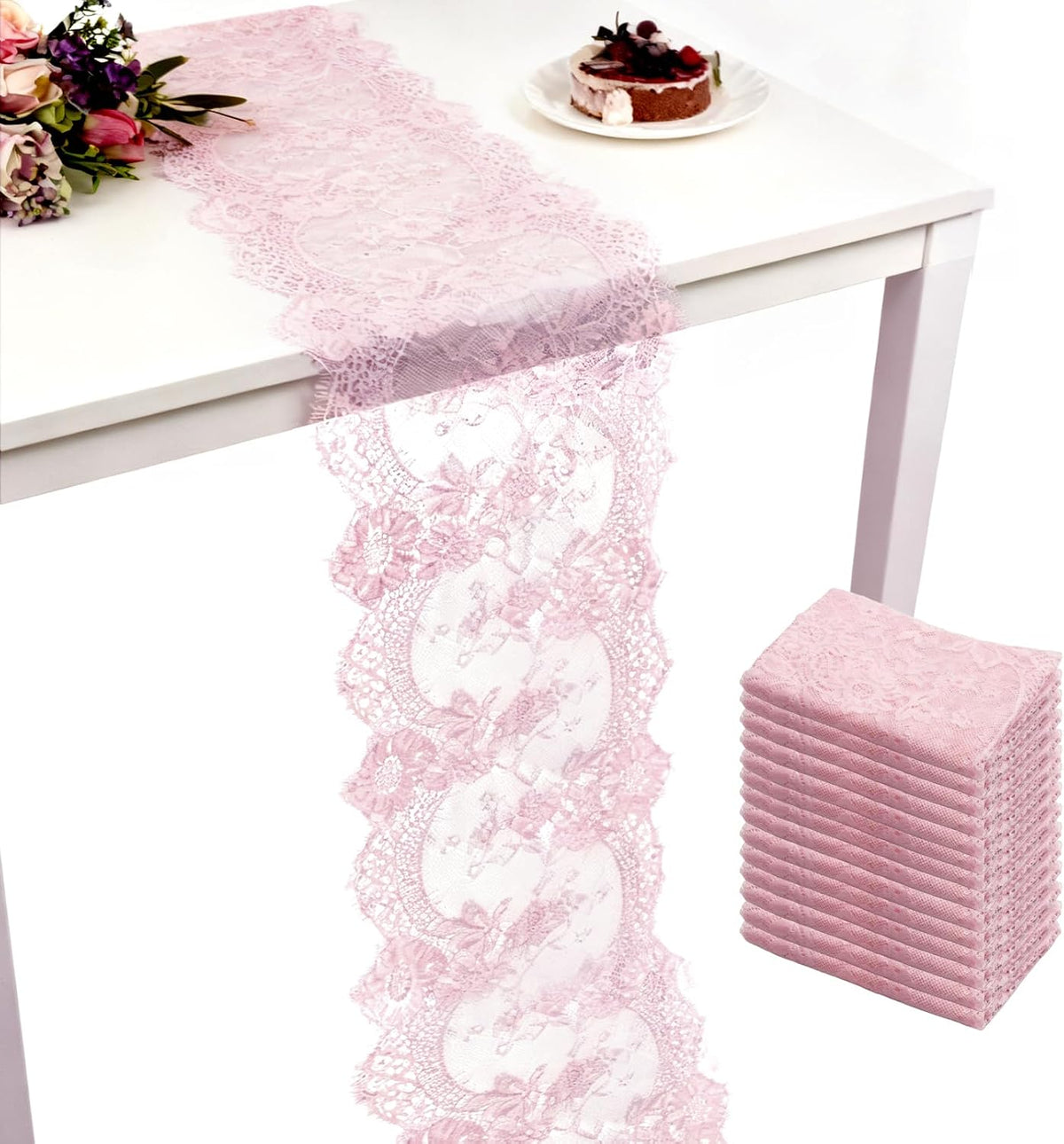 14 Pcs Rose Pink Lace Table Runner 14 x 120 Inch Wedding Romantic Floral Table Cloths Embroidered Runner Decorations for Bridal Shower Birthday Party
