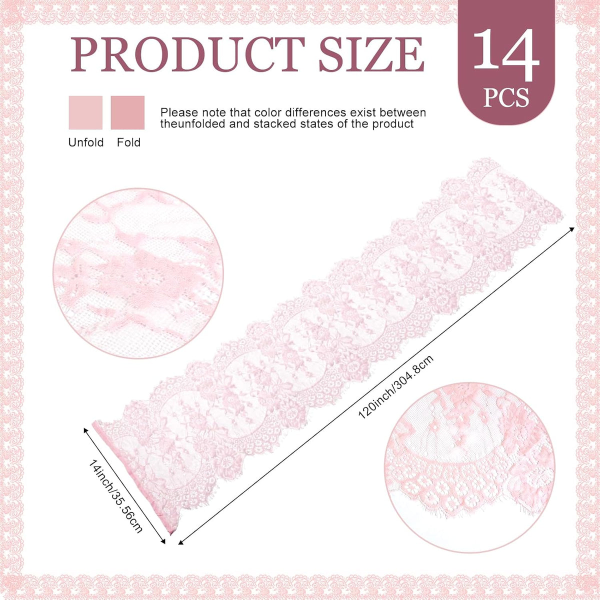 14 Pcs Rose Pink Lace Table Runner 14 x 120 Inch Wedding Romantic Floral Table Cloths Embroidered Runner Decorations for Bridal Shower Birthday Party