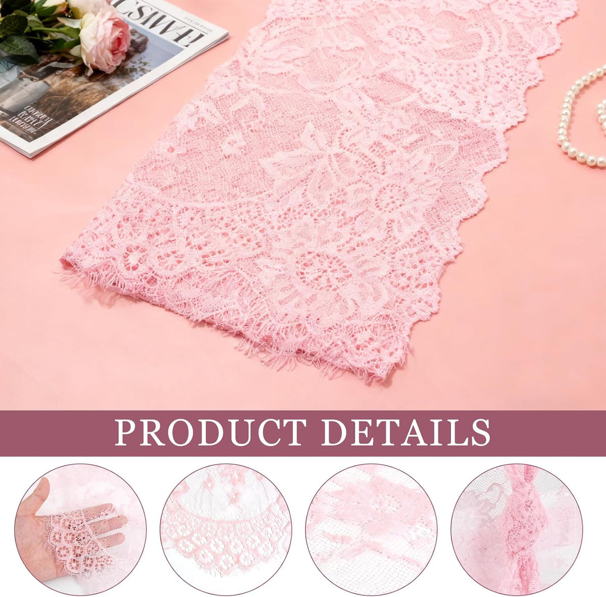 14 Pcs Rose Pink Lace Table Runner 14 x 120 Inch Wedding Romantic Floral Table Cloths Embroidered Runner Decorations for Bridal Shower Birthday Party