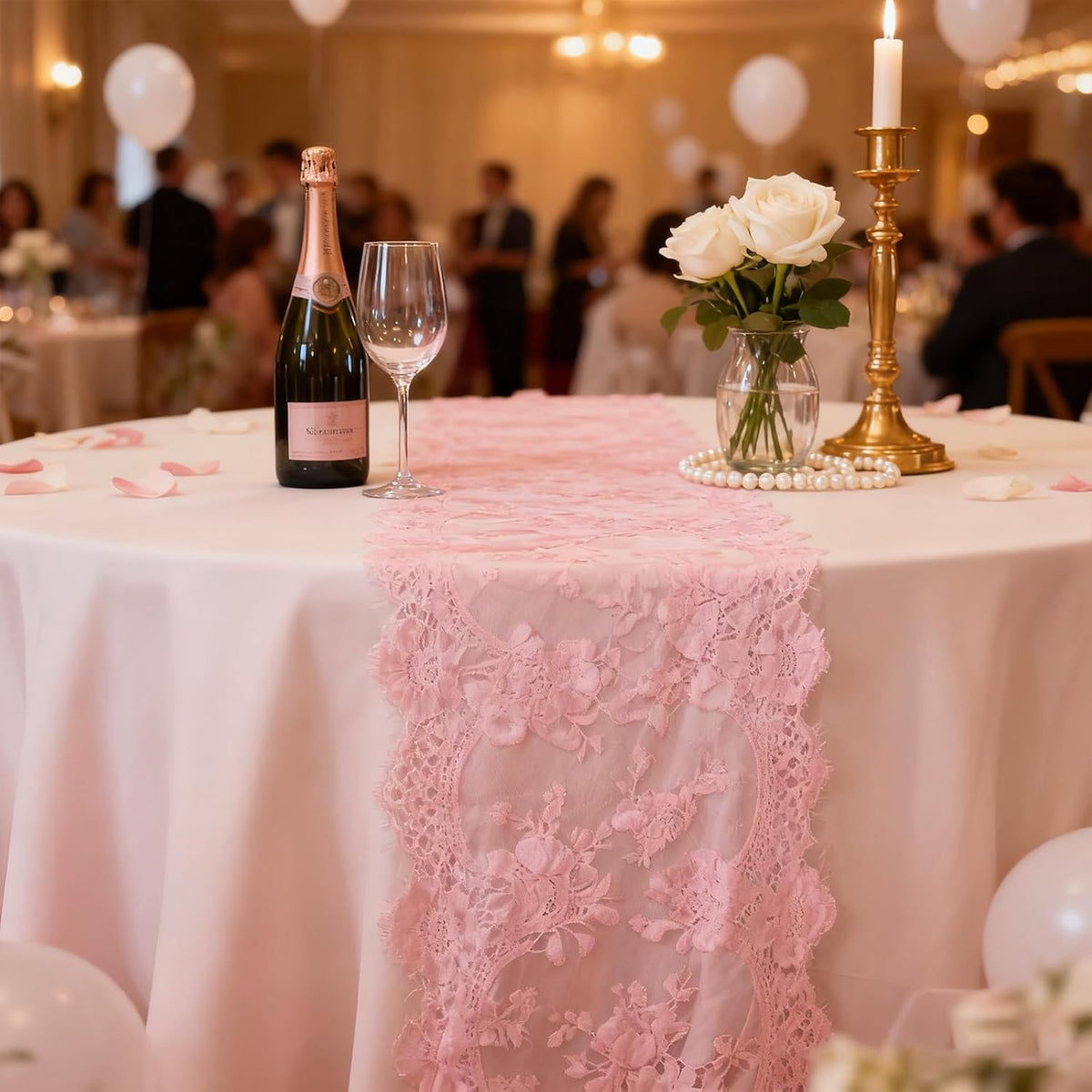 14 Pcs Rose Pink Lace Table Runner 14 x 120 Inch Wedding Romantic Floral Table Cloths Embroidered Runner Decorations for Bridal Shower Birthday Party