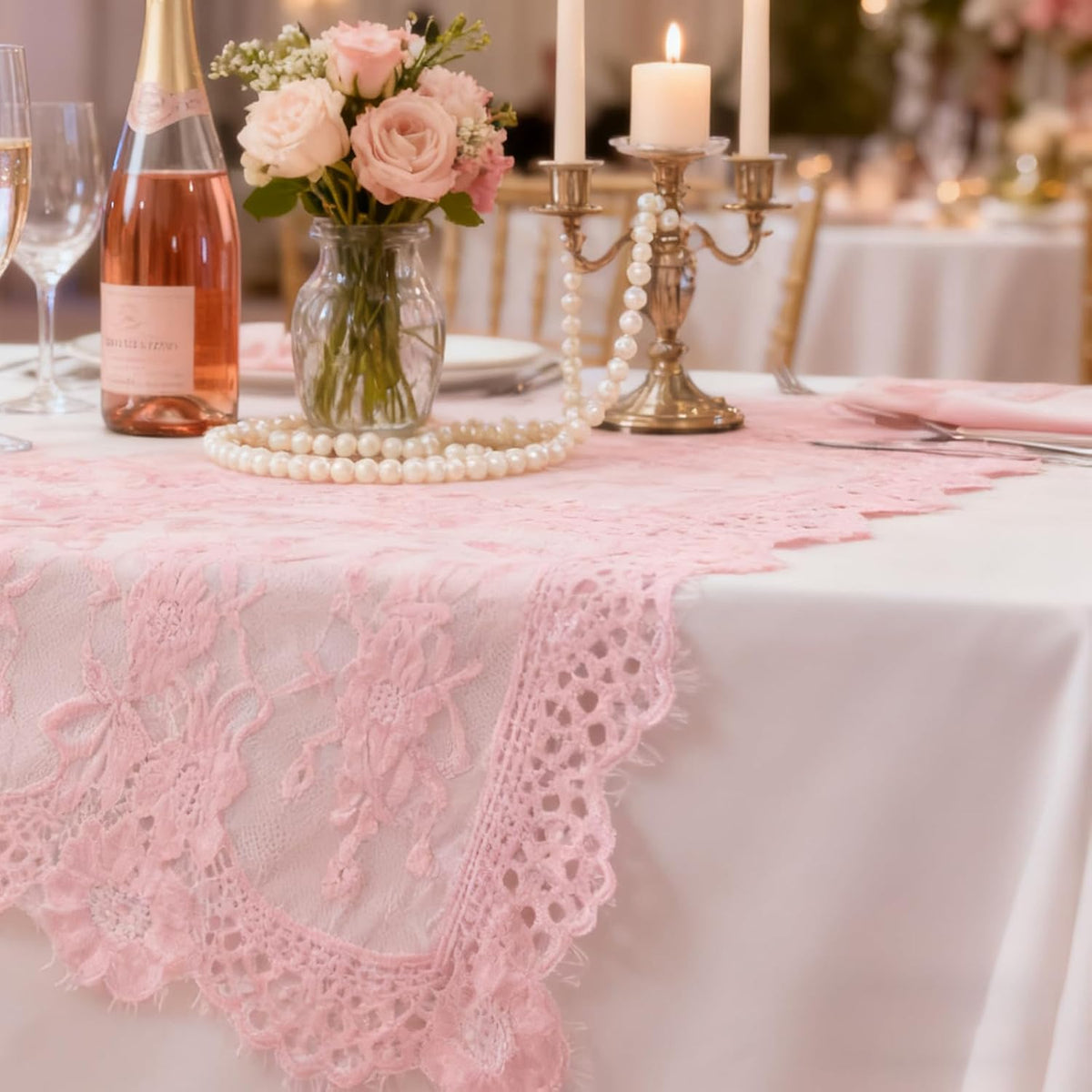 14 Pcs Rose Pink Lace Table Runner 14 x 120 Inch Wedding Romantic Floral Table Cloths Embroidered Runner Decorations for Bridal Shower Birthday Party