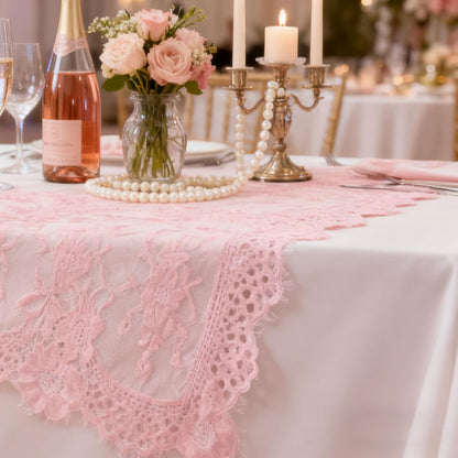 14 Pcs Rose Pink Lace Table Runner 14 x 120 Inch Wedding Romantic Floral Table Cloths Embroidered Runner Decorations for Bridal Shower Birthday Party