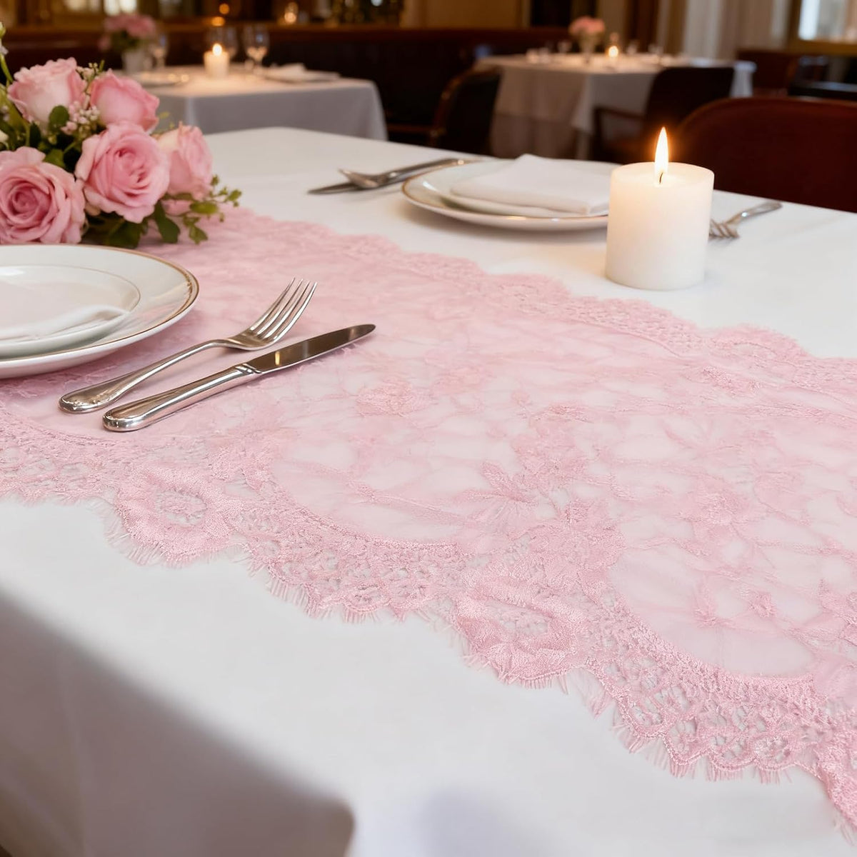 14 Pcs Rose Pink Lace Table Runner 14 x 120 Inch Wedding Romantic Floral Table Cloths Embroidered Runner Decorations for Bridal Shower Birthday Party