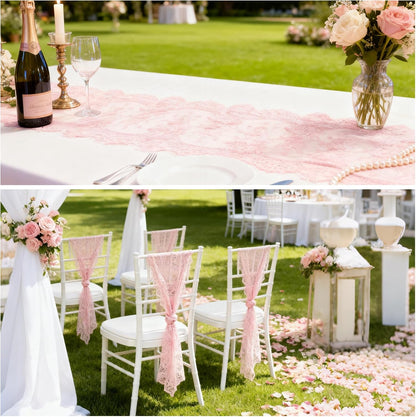 14 Pcs Rose Pink Lace Table Runner 14 x 120 Inch Wedding Romantic Floral Table Cloths Embroidered Runner Decorations for Bridal Shower Birthday Party
