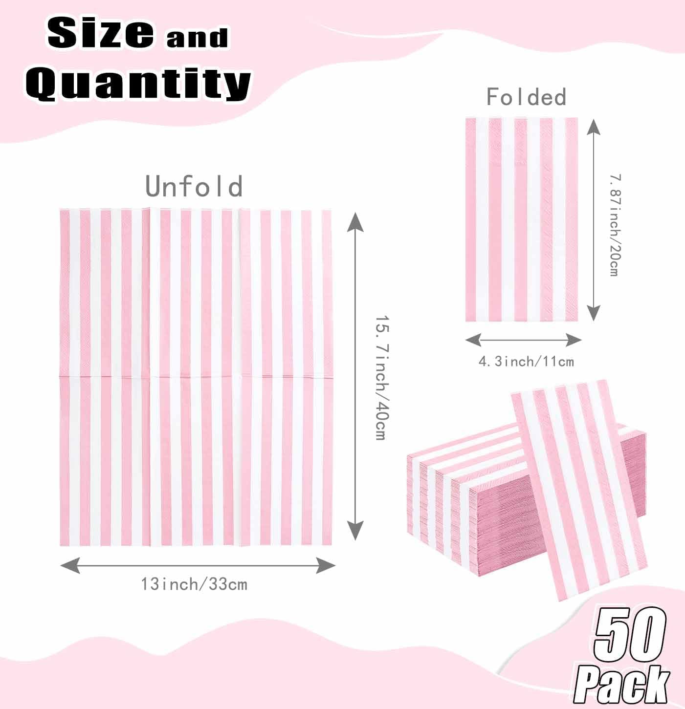 HEIPINIUYE 50 Pieces 3-ply Striped Paper Napkins Light Pink and White Guest Towels Disposable Hand Towels for Bathroom Wedding Birthday Baby Shower Dinner Napkins Disposable