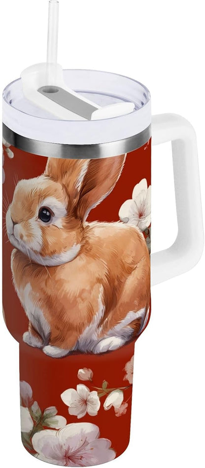40 oz Rabbit Peach Blossom Pattern Tumbler with Handle and Straw, Insulated Travel Mug, Reusable Stainless Steel Insulated Water Bottle for Women Men