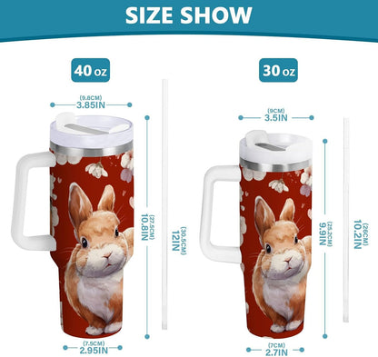 40 oz Rabbit Peach Blossom Pattern Tumbler with Handle and Straw, Insulated Travel Mug, Reusable Stainless Steel Insulated Water Bottle for Women Men
