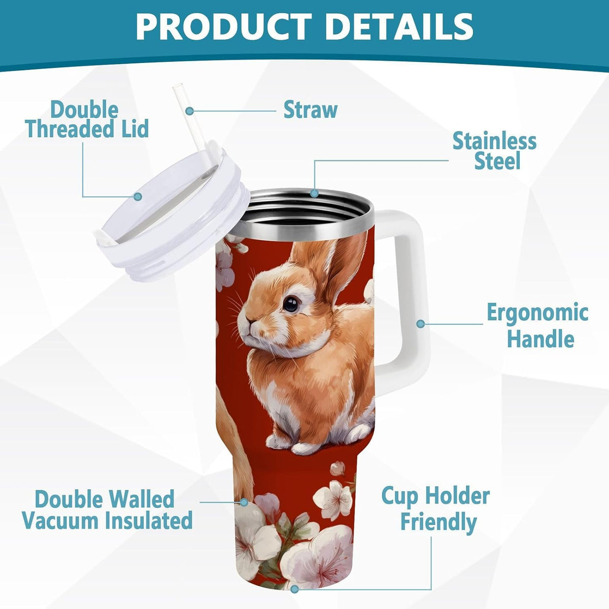 40 oz Rabbit Peach Blossom Pattern Tumbler with Handle and Straw, Insulated Travel Mug, Reusable Stainless Steel Insulated Water Bottle for Women Men