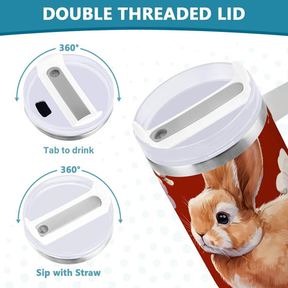 40 oz Rabbit Peach Blossom Pattern Tumbler with Handle and Straw, Insulated Travel Mug, Reusable Stainless Steel Insulated Water Bottle for Women Men