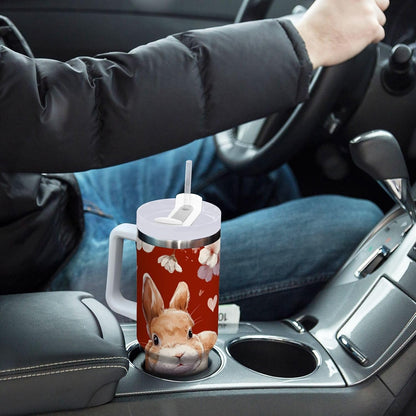 40 oz Rabbit Peach Blossom Pattern Tumbler with Handle and Straw, Insulated Travel Mug, Reusable Stainless Steel Insulated Water Bottle for Women Men