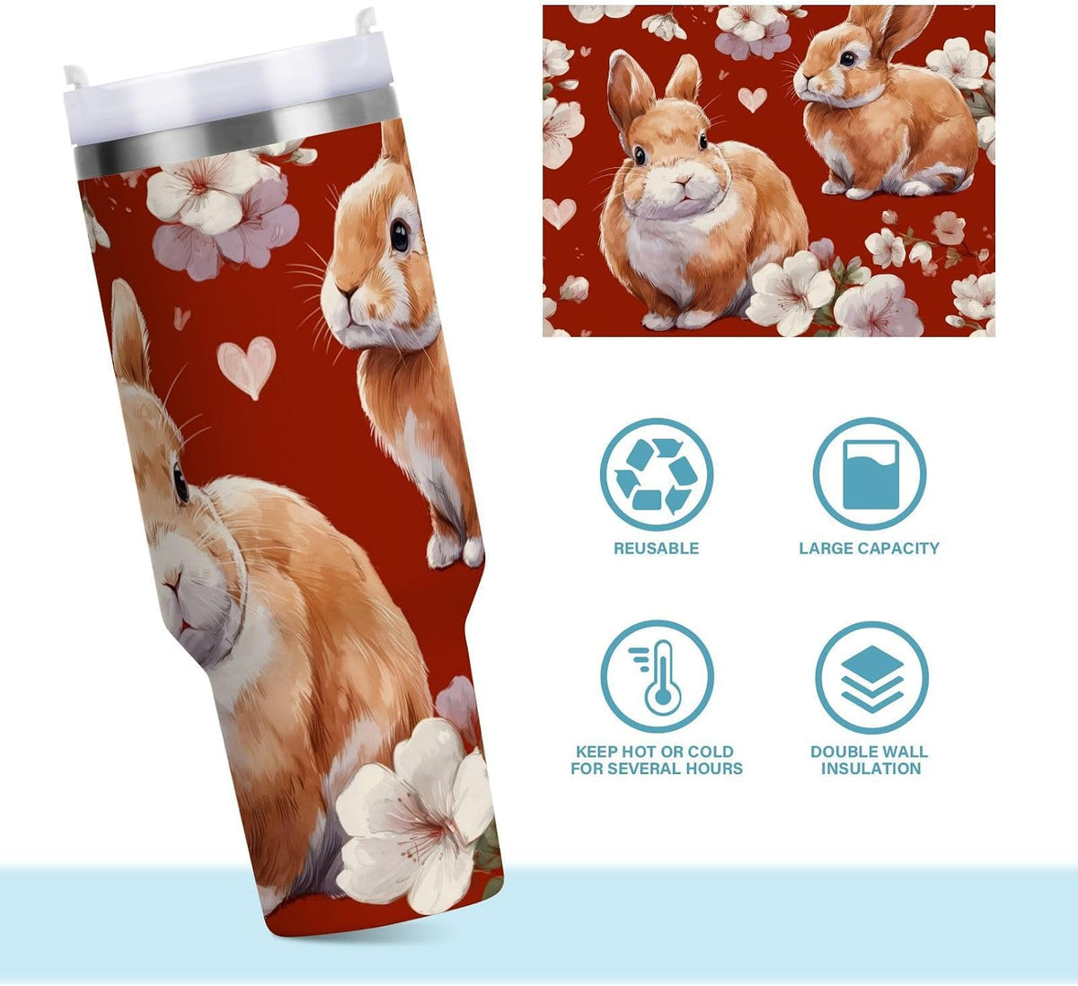 40 oz Rabbit Peach Blossom Pattern Tumbler with Handle and Straw, Insulated Travel Mug, Reusable Stainless Steel Insulated Water Bottle for Women Men