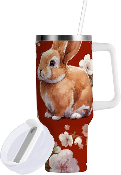 40 oz Rabbit Peach Blossom Pattern Tumbler with Handle and Straw, Insulated Travel Mug, Reusable Stainless Steel Insulated Water Bottle for Women Men