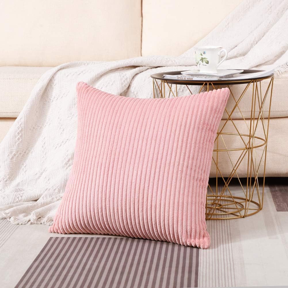 Cozy Striped Corduroy Pillow Covers Super Soft Decorative Square Throw Pillow Covers Case Cushion Covers for Sofa Couch Bedroom Car Decor 20 x 20 Inches, Pink